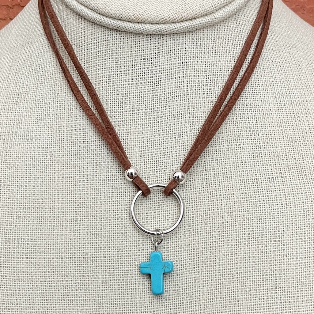 Faux Leather Choker Necklace With Turquoise Cross